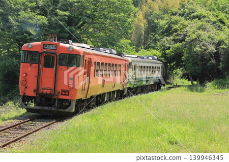 Kominato Railway: "Kiha 40 train traveling through a forest in early summer" Kominato Railway: "Kiha 40 train traveling through a forest in early summer" 139946345