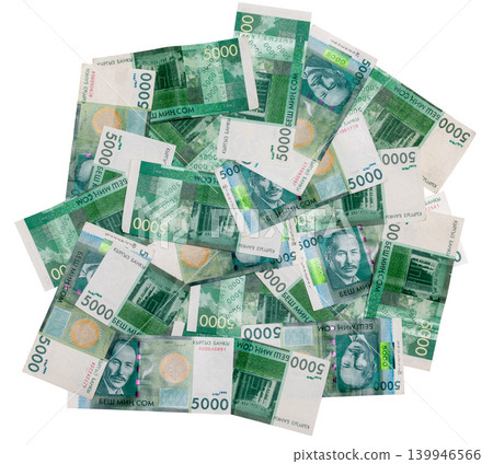 Scattered Pile of Green and White Banknotes isolated on White Background Scattered Pile of Green and White Banknotes isolated on White Background 139946566