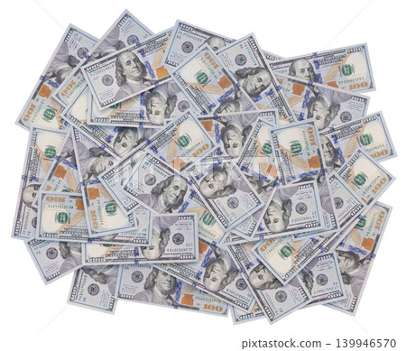 Scattered Pile of One Hundred US Dollar Bills on White Background Scattered Pile of One Hundred US Dollar Bills on White Background 139946570