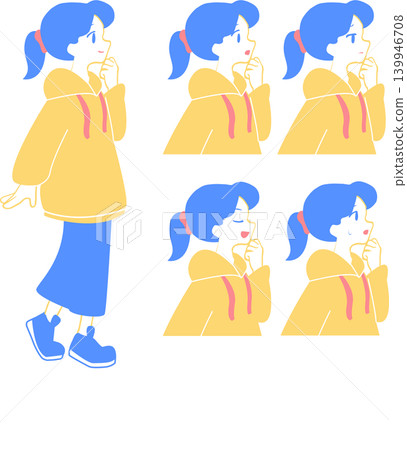 A woman in blue and yellow with her hand on her chin in profile. A woman in blue and yellow with her hand on her chin in profile. 139946708