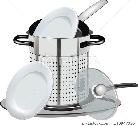 plates and pots in piles plates and pots in piles 139947030