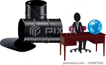 Businessman sitting at desk with oil barrels and globe representing global dependence on fossil fuels Businessman sitting at desk with oil barrels and globe representing global dependence on fossil fuels 139947065