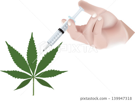 cannabis hand with syringe injects cannabis hand with syringe injects 139947318