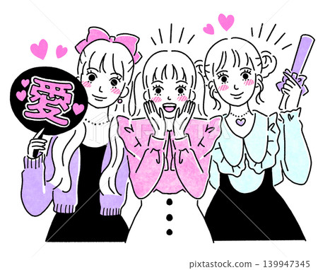 描繪女性追捧自己喜愛的偶像/粉絲的簡單插圖。 描繪女性追捧自己喜愛的偶像/粉絲的簡單插圖。 139947345