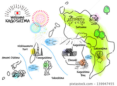 Simple line drawing illustration map of tourist spots in Kagoshima Prefecture Simple line drawing illustration map of tourist spots in Kagoshima Prefecture 139947455