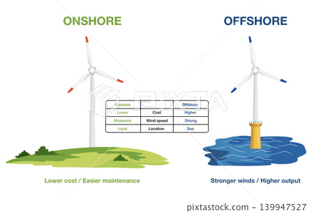Wind Energy Onshore vs Offshore Comparison Diagram, Educational diagram comparing onshore and offshore wind turbines showing cost, wind speed, and location differences for science classroom use 139947527