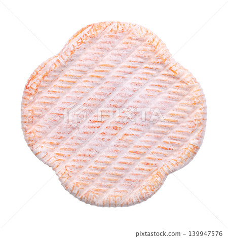 French soft cheese with washed rind. Cheese made from cow milk, featuring a washed, edible orange-red rind, and a creamy, slightly runny texture. Close-up, from above, isolated, over white. Photo 139947576