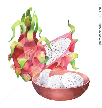 Bowl with the pitahaya pulp and pitahaya fruit. Watercolor illustration. Handmade art work. For packaging design, cards, cover, prints, product labels and fabric. Bowl with the pitahaya pulp and pitahaya fruit. Watercolor illustration. Handmade art work. For packaging design, cards, cover, prints, product labels and fabric. 139947818