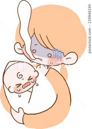 一位看起來魂不守捨的母親和哭泣的嬰兒。 一位看起來魂不守捨的母親和哭泣的嬰兒。 139948194
