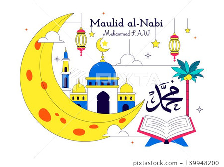Maulid Nabi Vector Illustration Featuring Islamic Mosque, Crescent Moon, Lantern and Mawlid Celebration Design Templat Maulid Nabi Vector Illustration Featuring Islamic Mosque, Crescent Moon, Lantern and Mawlid Celebration Design Templat 139948200