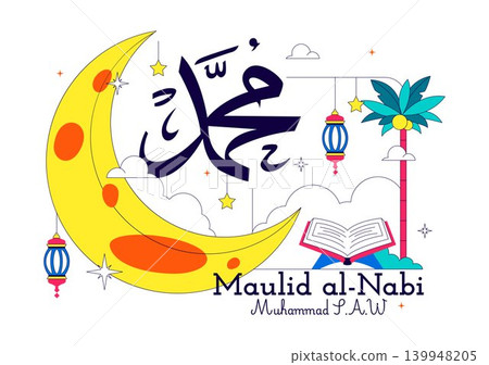 Maulid Nabi Vector Illustration Featuring Islamic Mosque, Crescent Moon, Lantern and Mawlid Celebration Design Templat 139948205