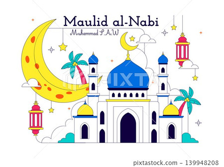 Maulid Nabi Vector Illustration Featuring Islamic Mosque, Crescent Moon, Lantern and Mawlid Celebration Design Templat Maulid Nabi Vector Illustration Featuring Islamic Mosque, Crescent Moon, Lantern and Mawlid Celebration Design Templat 139948208