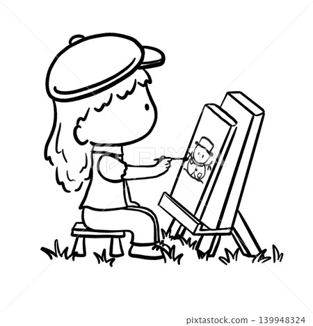 Little artist girl painting on canvas on grass cartoon outline illustration Little artist girl painting on canvas on grass cartoon outline illustration 139948324