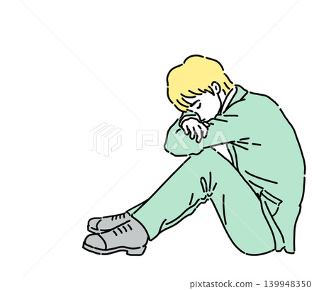 A color illustration of a businessman with his knees hugged to his chest and his head bowed. A color illustration of a businessman with his knees hugged to his chest and his head bowed. 139948350