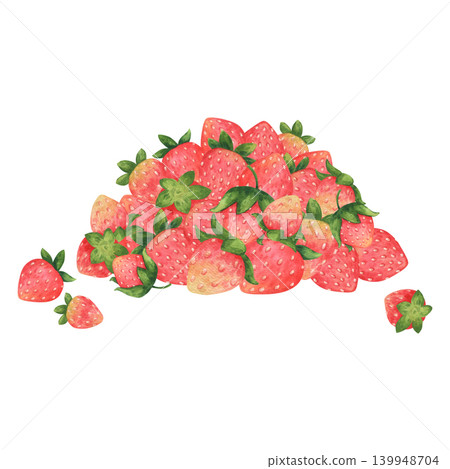 A handful of bright ripe, juicy strawberries. Summer garden strawberry or wild berries. Cartoon or children's style illustration. Watercolor illustration hand-drawn and isolated on a white background 139948704