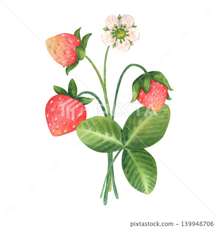Simple bouquet of ripe wild strawberry branches with green leave and white flower in cartoon style. Watercolor hand-drawn illustration for spring and summer design postcards, textile, and packaging. 139948706