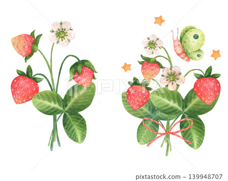 A set of bouquets of ripe wild strawberry branches with green leaves, white blossoms and butterfly in cartoon style. Watercolor hand-drawn illustration for summer design cards, textile and packaging 139948707