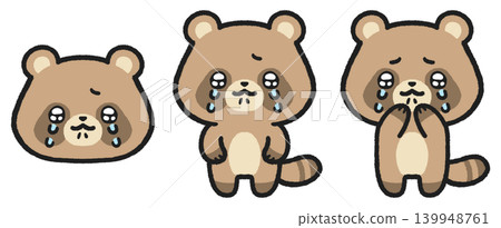 A set of illustrations of a raccoon dog crying with teary eyes. A set of illustrations of a raccoon dog crying with teary eyes. 139948761