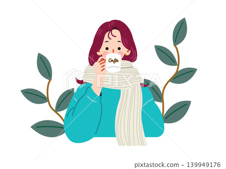 一位女士喝熱咖啡的插圖 一位女士喝熱咖啡的插圖 139949176