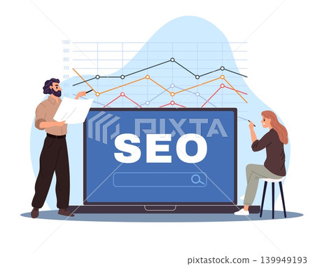Seo or search engine. Optimization for website, find information, keywords, specialists reviewing traffic chart on laptop screen, marketing growth management vector cartoon isolated concept 139949193