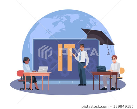 Software development. Programming, coding training education, experts write algorithms, IT classroom. Instructor explains information technology to students. Vector cartoon isolated concept Software development. Programming, coding training education, experts write algorithms, IT classroom. Instructor explains information technology to students. Vector cartoon isolated concept 139949195