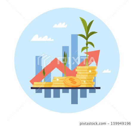 Steady investment. Financial growth and growing profits process, plants on stacks of coins, rising profit increase, savings business performance metric, vector cartoon isolated concept 139949196