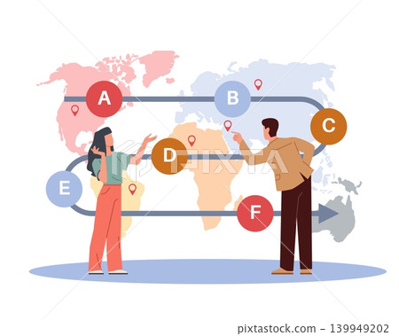 Tracking points on map. Points of delivery and departure, ways of transportation of goods and cargoes, logistics coordination, scheduling, and project navigation vector cartoon concept 139949202