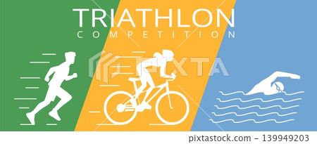 Triathlon poster. Sports competitions, swimmers, runners and cyclists, professional, amateur athletes, active event, people silhouettes in motion, nowaday vector isolated marathon concept Triathlon poster. Sports competitions, swimmers, runners and cyclists, professional, amateur athletes, active event, people silhouettes in motion, nowaday vector isolated marathon concept 139949203
