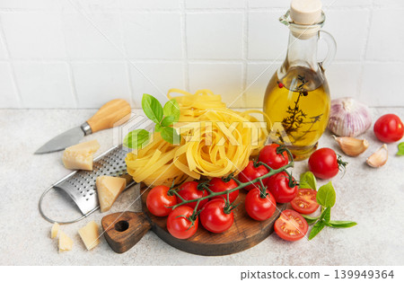 Italian pasta ingredients preparing a fresh meal Italian pasta ingredients preparing a fresh meal 139949364