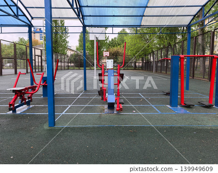Outdoor Public Gym Machines Under Canopy Roof Outdoor Public Gym Machines Under Canopy Roof 139949609