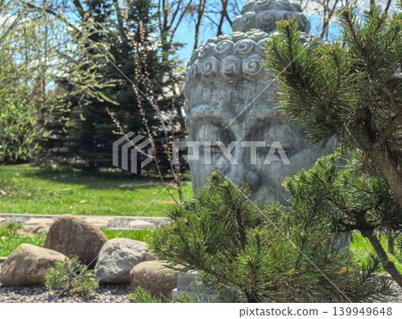 Buddha Head Statue Peeking Through Pine Branches in Zen Garden Buddha Head Statue Peeking Through Pine Branches in Zen Garden 139949648