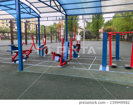Outdoor Fitness Playground with Blue and Red Simulators Outdoor Fitness Playground with Blue and Red Simulators 139949982