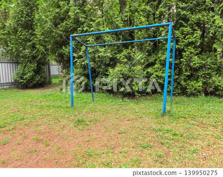 Blue metal football goal on grassy field near evergreen thuja trees Blue metal football goal on grassy field near evergreen thuja trees 139950275