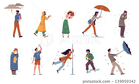 City people protect themselves from weather. Equipment for walking, meteorological anomalies, heat, wind, rain, cold frost, seasonal climate effects nowaday vector cartoon isolated set City people protect themselves from weather. Equipment for walking, meteorological anomalies, heat, wind, rain, cold frost, seasonal climate effects nowaday vector cartoon isolated set 139950342