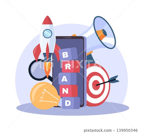 Creating business brand. Targeting an audience from mobile, product promotion, marketing startup, rocket and target as progress symbol, creative optimization vector cartoon concept Creating business brand. Targeting an audience from mobile, product promotion, marketing startup, rocket and target as progress symbol, creative optimization vector cartoon concept 139950346