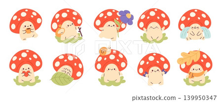 Cute fly agaric character. Funny medicinal or poisonous kawaii mushroom, comic fungus mascot decorative design, different playful poses and actions, garish vector cartoon isolated set Cute fly agaric character. Funny medicinal or poisonous kawaii mushroom, comic fungus mascot decorative design, different playful poses and actions, garish vector cartoon isolated set 139950347