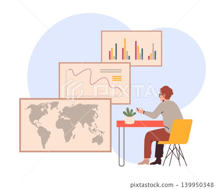 Data and statistics analysis. Business, finances tracking, chart comparison, office scene with dashboard graphs and world map, monitoring global market, vector cartoon isolated concept Data and statistics analysis. Business, finances tracking, chart comparison, office scene with dashboard graphs and world map, monitoring global market, vector cartoon isolated concept 139950348