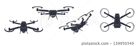 Drone camera angles. Black quadcopter silhouette different side view, unmanned aerial vehicle with camera, modern technologies device, equipment branding qualitative vector cartoon flat set Drone camera angles. Black quadcopter silhouette different side view, unmanned aerial vehicle with camera, modern technologies device, equipment branding qualitative vector cartoon flat set 139950349