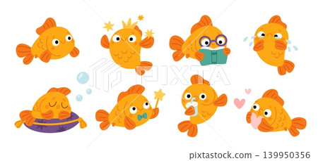 Goldfish character. Funny little fish, cute aquarium mascot, different emotions, poses and actions, sleeping, crying, Playful underwater icons for design, garish vector cartoon isolated set Goldfish character. Funny little fish, cute aquarium mascot, different emotions, poses and actions, sleeping, crying, Playful underwater icons for design, garish vector cartoon isolated set 139950356