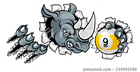 Rhino and 9 Ball Nine Ball Pool Cartoon Mascot Rhino and 9 Ball Nine Ball Pool Cartoon Mascot 139950390