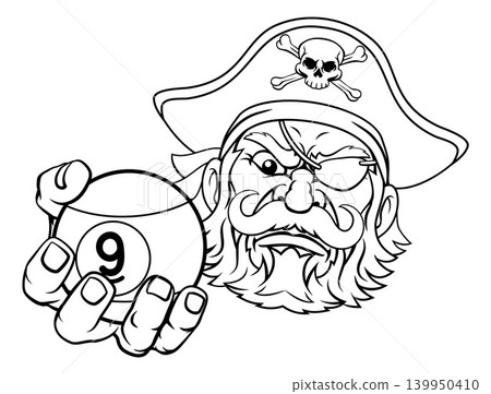 Pirate and 9 Ball Nine Ball Pool Cartoon Mascot Pirate and 9 Ball Nine Ball Pool Cartoon Mascot 139950410