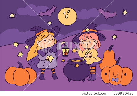 Kawaii witch girls. Funny sorceress friends brewing magical potion, halloween night, cute characters, cauldron among pumpkins on night landscape, garish vector cartoon isolated concept Kawaii witch girls. Funny sorceress friends brewing magical potion, halloween night, cute characters, cauldron among pumpkins on night landscape, garish vector cartoon isolated concept 139950453