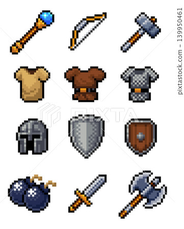 Pixel Art Weapons Armor Video Game Items Asset Set 139950461