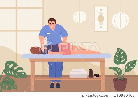 People at chiropractor appointment. Physiotherapy, rehabilitation, osteopath massages lying patient, clinical session, manual therapy, pain relief garish vector cartoon isolated concept People at chiropractor appointment. Physiotherapy, rehabilitation, osteopath massages lying patient, clinical session, manual therapy, pain relief garish vector cartoon isolated concept 139950463