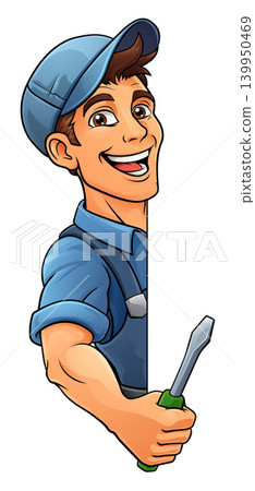 Electrician Handyman Screwdriver Cartoon Mascot Electrician Handyman Screwdriver Cartoon Mascot 139950469