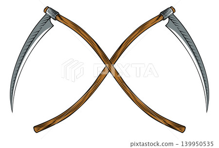 Crossed Scythes Vintage Woodcut Style Concept Crossed Scythes Vintage Woodcut Style Concept 139950535