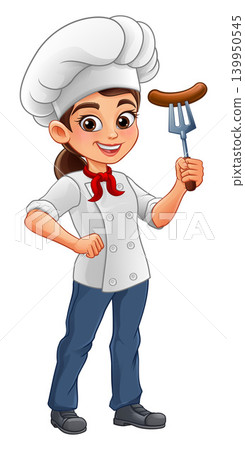 Female chef holding sausage fork smiling Female chef holding sausage fork smiling 139950545