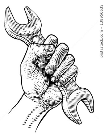 Mechanic Fist Hand Holding Wrench Spanner Tool Mechanic Fist Hand Holding Wrench Spanner Tool 139950635