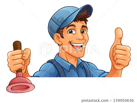 Plumber Plunger Tool Cartoon Plumbing Man Handyman Plumber Plunger Tool Cartoon Plumbing Man Handyman 139950636