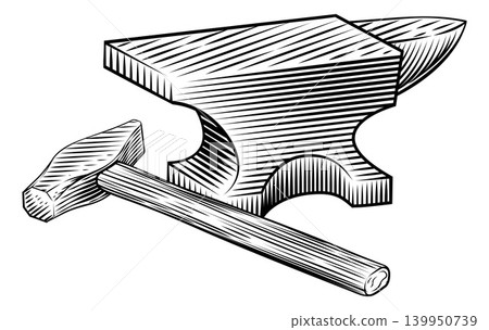 Hammer and Anvil Blacksmith Workshop Tools Woodcut Hammer and Anvil Blacksmith Workshop Tools Woodcut 139950739